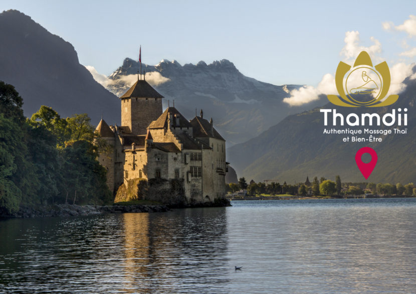 château sur lac et logo massage doré